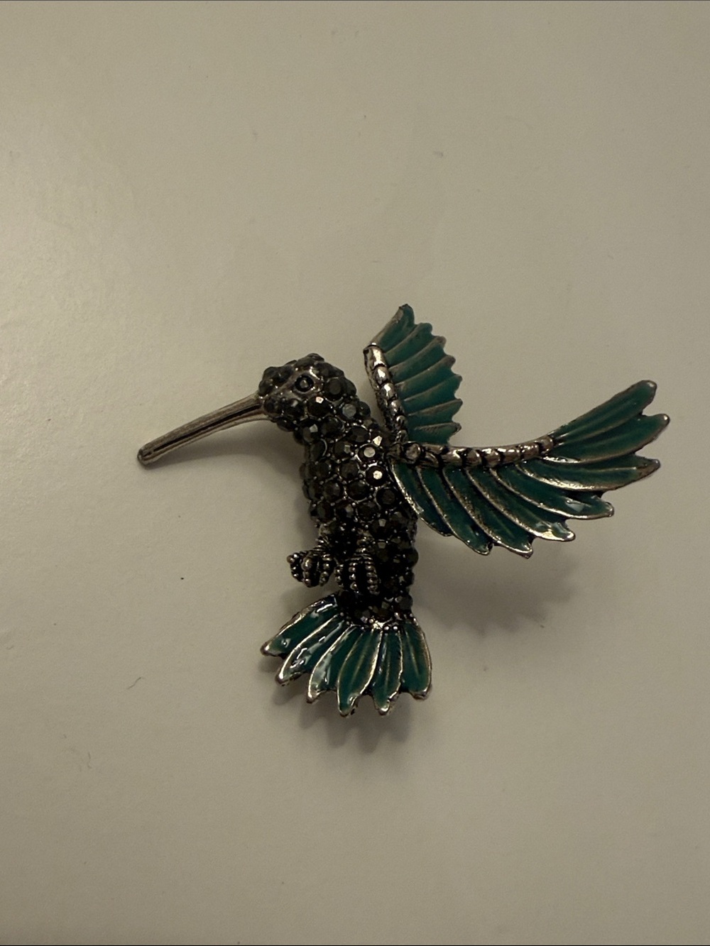 Hummingbird Enamel & Rhinestone Brooch - Teal and Black